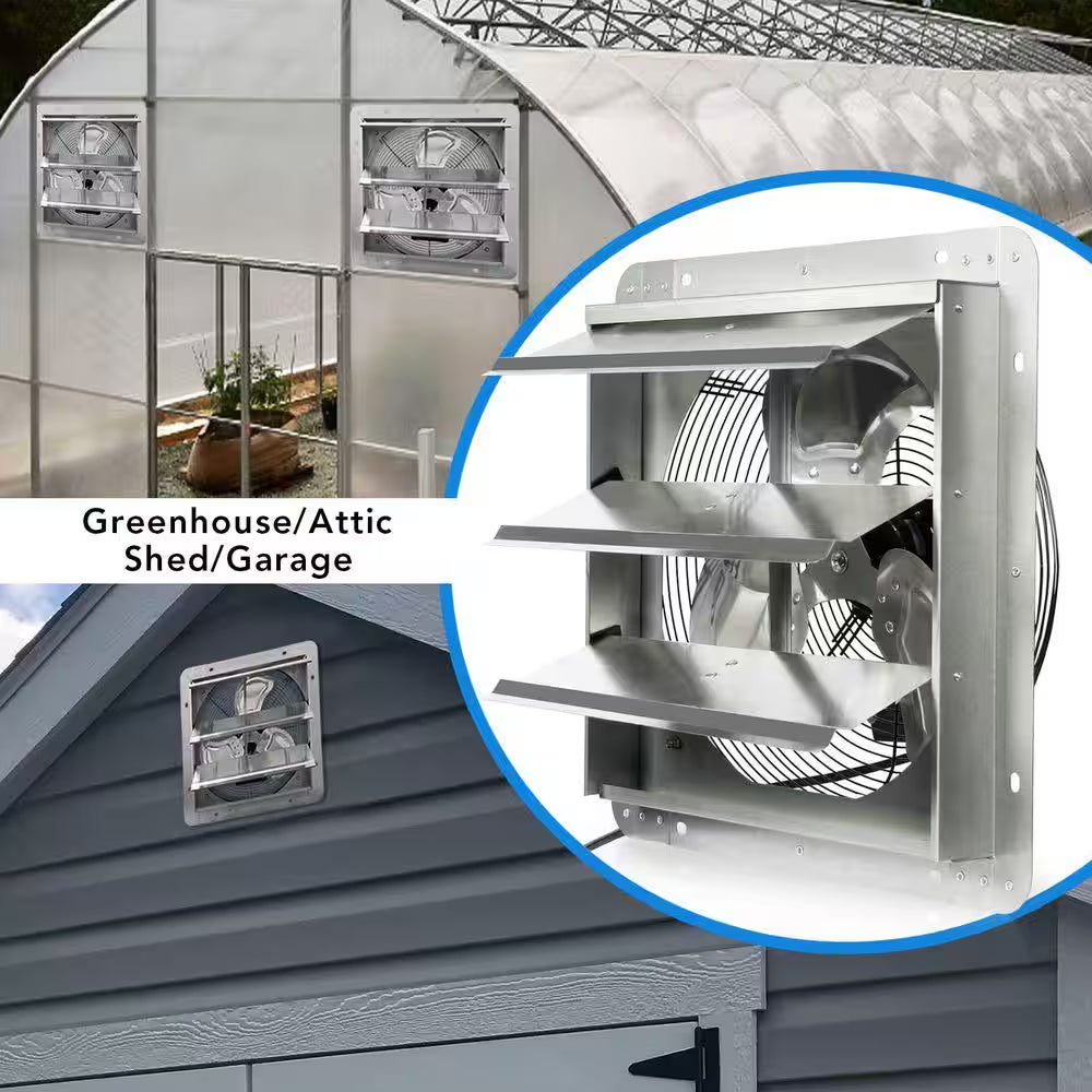 14 In. Shutter Exhaust Fan, 1520CFM, Wall Mounted with 1.65M Power Cord, for Garages, Attics, Electric Powered Aluminum