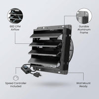 14 In. Shutter Exhaust Fan with Speed Controller, 882CFM, Black, Wall Mounted for Garage, Electric Powered, Aluminum — infographic