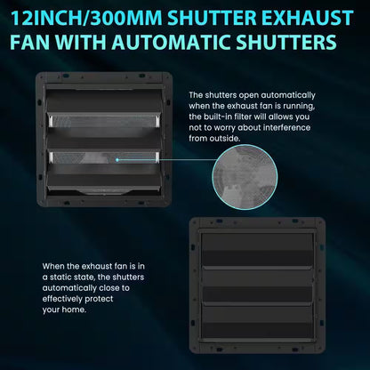 12 In. Shutter Exhaust Fan with Speed Controller, 764CFM High-Speed, 1400RPM Mounted/Black Powere Electric, Aluminum