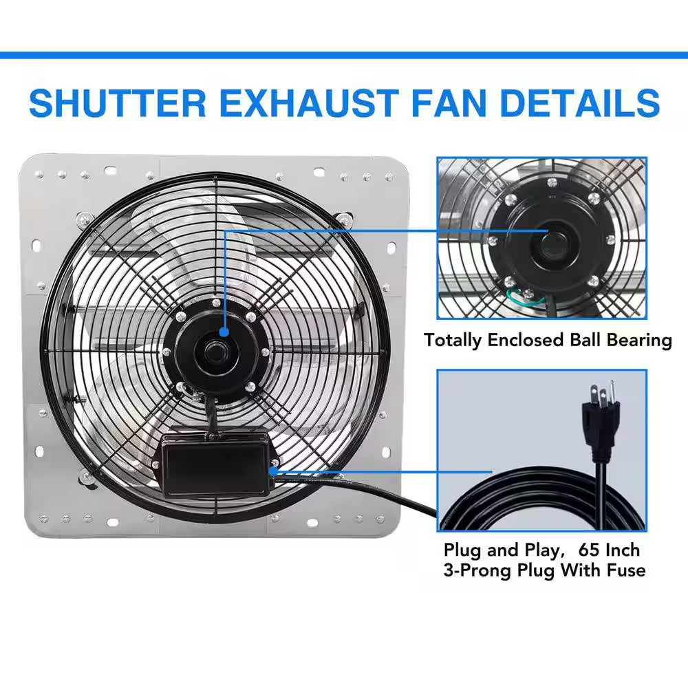 14 In. Shutter Exhaust Fan, 1520CFM, Wall Mounted with 1.65M Power Cord, for Garages, Attics, Electric Powered Aluminum