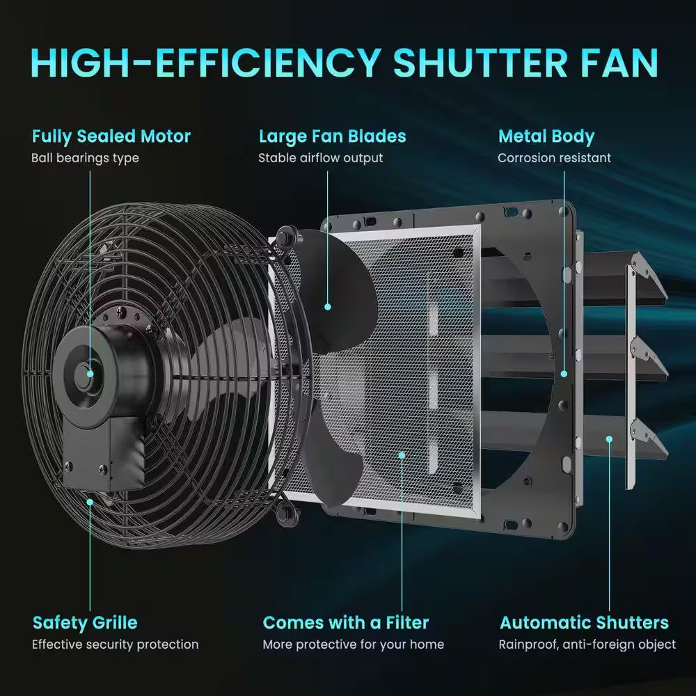 12 In. Shutter Exhaust Fan with Speed Controller, 764CFM High-Speed, 1400RPM Mounted/Black Powere Electric, Aluminum