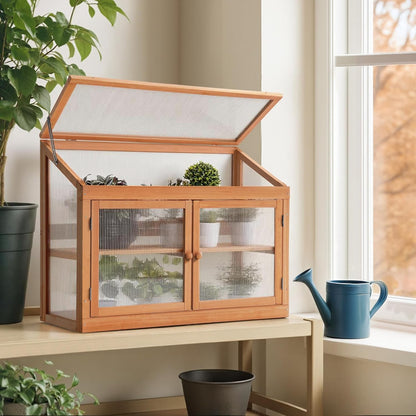 2-Tier Wooden Cold Frame Garden Greenhouse Raised Flower Planter Shelf Bed Protection 6057-0160 (Orange)