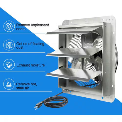 14 In. Shutter Exhaust Fan, 1520CFM, Wall Mounted with 1.65M Power Cord, for Garages, Attics, Electric Powered Aluminum
