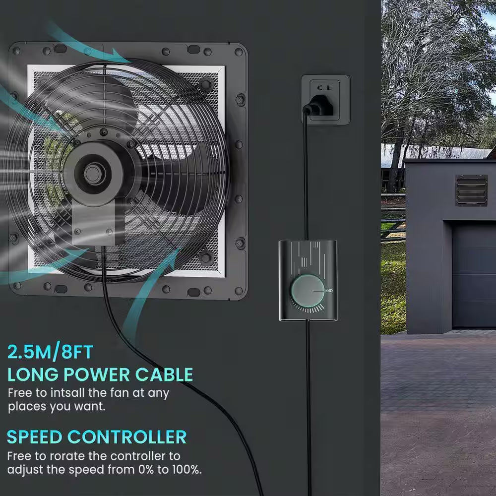 12 In. Shutter Exhaust Fan with Speed Controller, 764CFM High-Speed, 1400RPM Mounted/Black Powere Electric, Aluminum