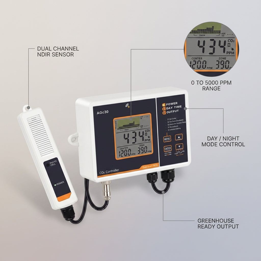 Smart CO2 Controller Dual Channel NDIR CO2 Sensor Day Night Carbon Dioxide Detector 0-5000PPM for Greenhouse Hydroponics — infographic
