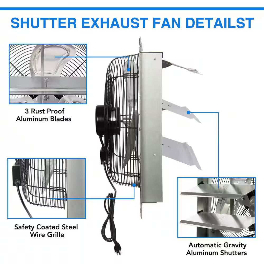 14 In. Shutter Exhaust Fan, 1520CFM, Wall Mounted with 1.65M Power Cord, for Garages, Attics, Electric Powered Aluminum