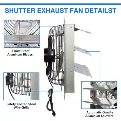 14 In. Shutter Exhaust Fan, 1520CFM, Wall Mounted with 1.65M Power Cord, for Garages, Attics, Electric Powered Aluminum