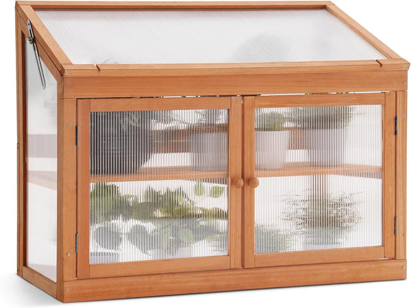 2-Tier Wooden Cold Frame Garden Greenhouse Raised Flower Planter Shelf Bed Protection 6057-0160 (Orange)